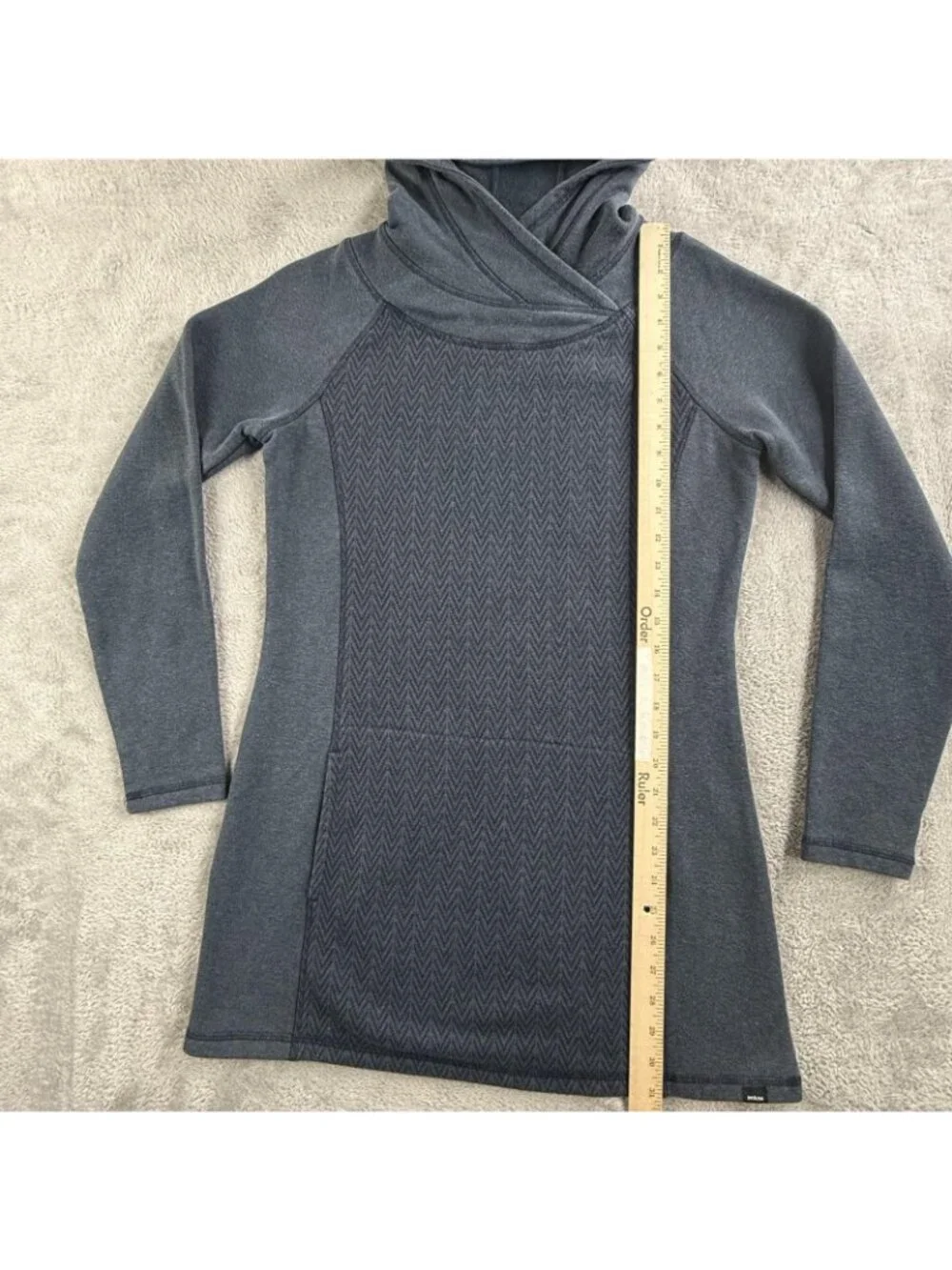 PrAna Hoodie Mens Medium Blue Herringbone Tunic High Neck Pullover Knit Pockets